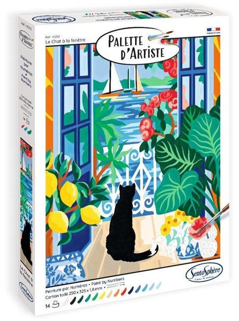 Acrylmalerei Set, SENTOSPHERE Palette D'artiste Le chat a la fenetre, Malen nach Zahlen für Erwachsene, Leinwandbild, 50% -basiert