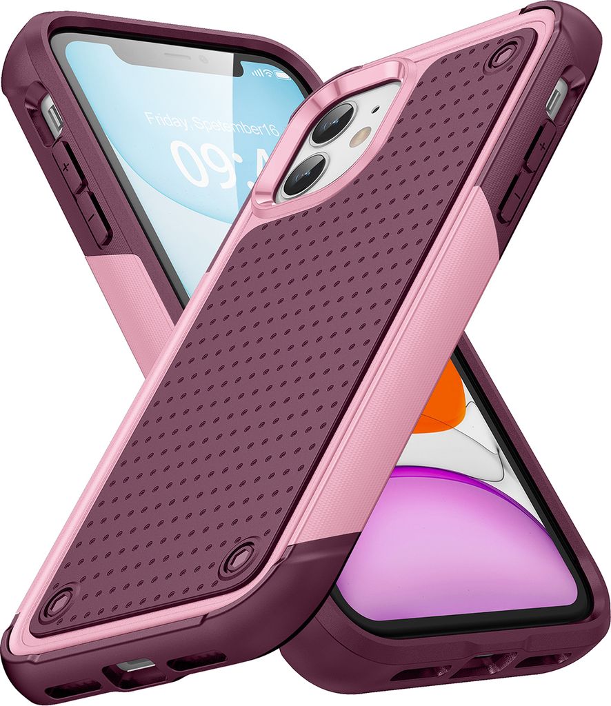 Für iPhone 12 / 12 Pro Hülle Militärqualität Stoßfest Hybrid 2 in 1 Hart PC Weich TPU Handyhülle Pink Rot