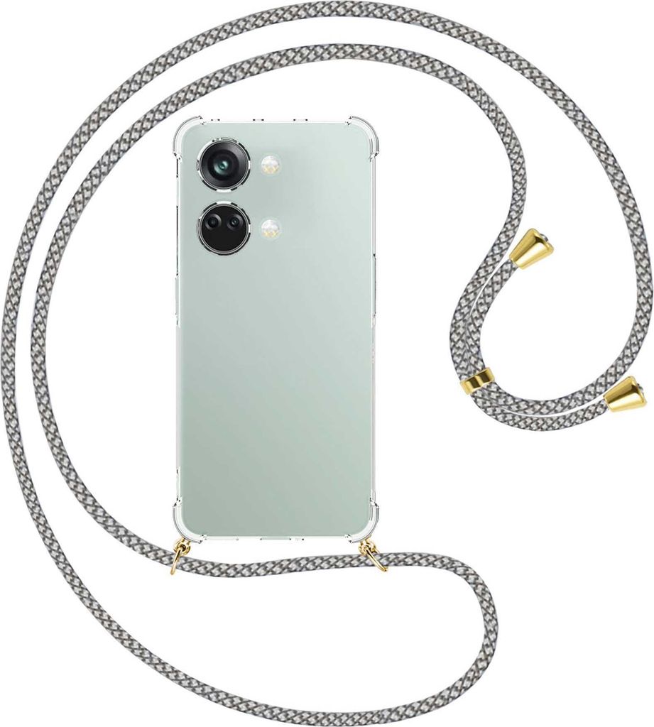 Handykette Backcover-Schutzhülle mit Band (Metall goldfarben) für OnePlus Nord 3 (CPH2491) - weiß/grau kariert