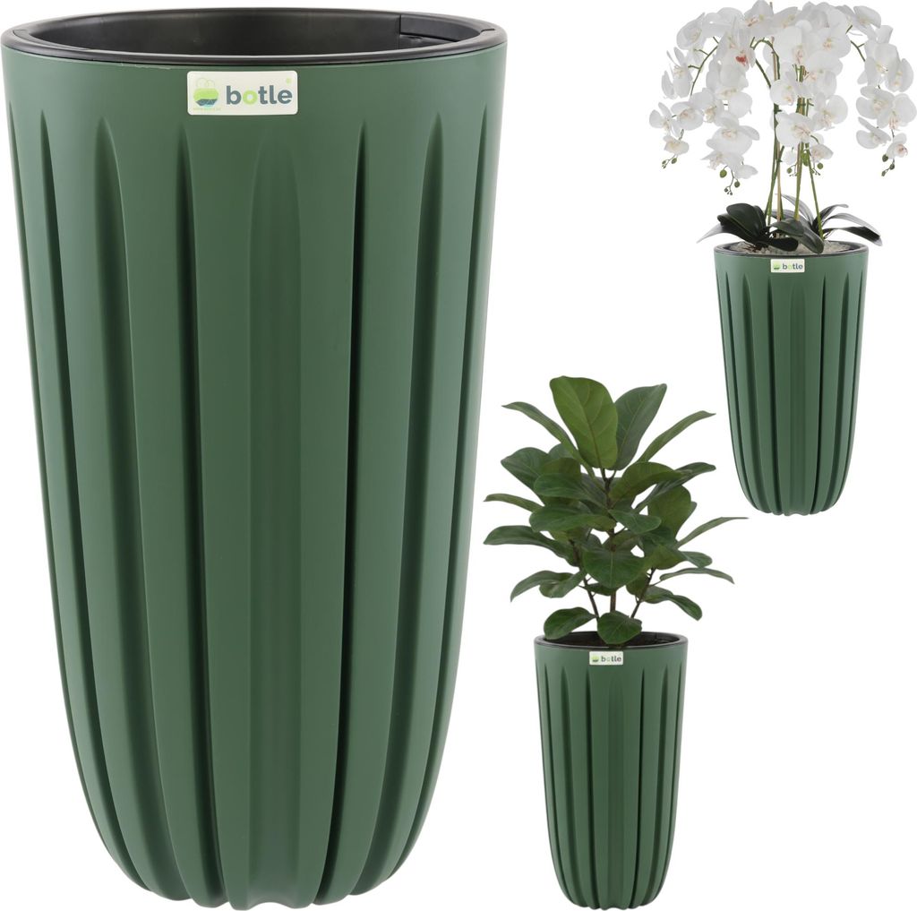 Blumentopf Blumenübertopf Blumenkübel mit Einsatz, Farbe Grün, Runde Ø 29 cm, H 50 cm schöne, stylische Rillen, Oberfläche Matt Kunststoff Mo...