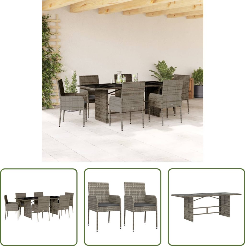 The Living Store 7-tlg. Garten-Essgruppe mit Kissen Grau Poly Rattan
