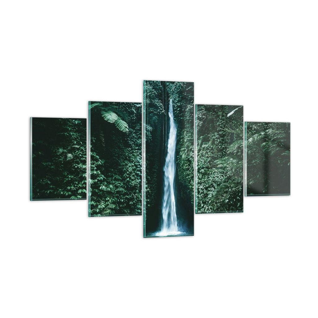 Bilder auf glas - 5 Teile - Tropen Wasserfall Dschungel - 125x70cm - Glasbilder - Wandbilder - Bilder - Wanddekoration aus Glas - Glas Bilder - Wan...
