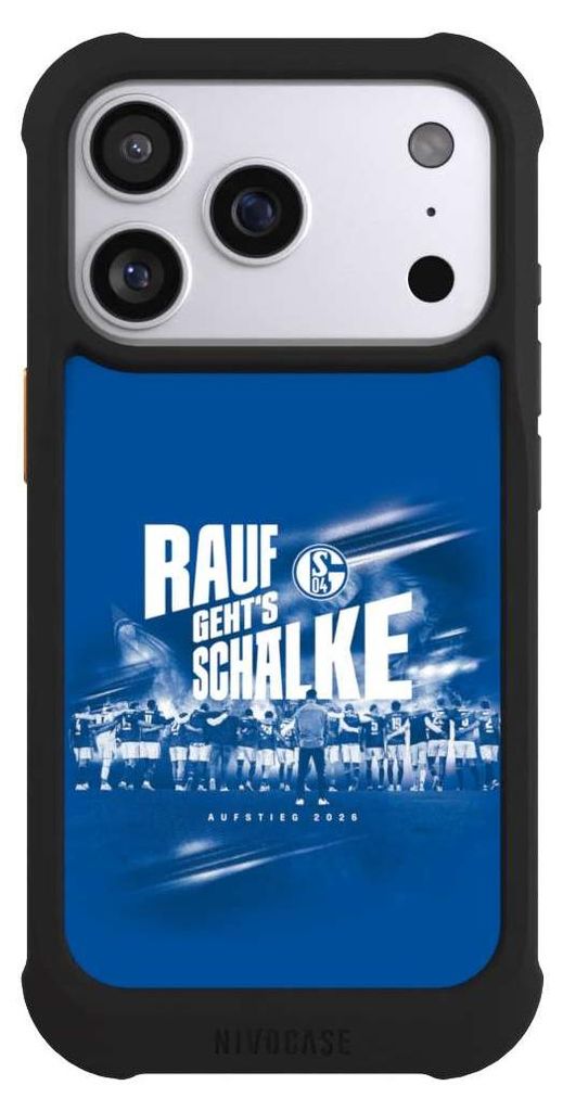 NIVOCASE Hülle für Apple iPhone 17 Pro Stoßfeste Handyhülle NIVOmax Case Schwarz Aufstieg FC Schalke 04 Offizielles Lizenzprodukt