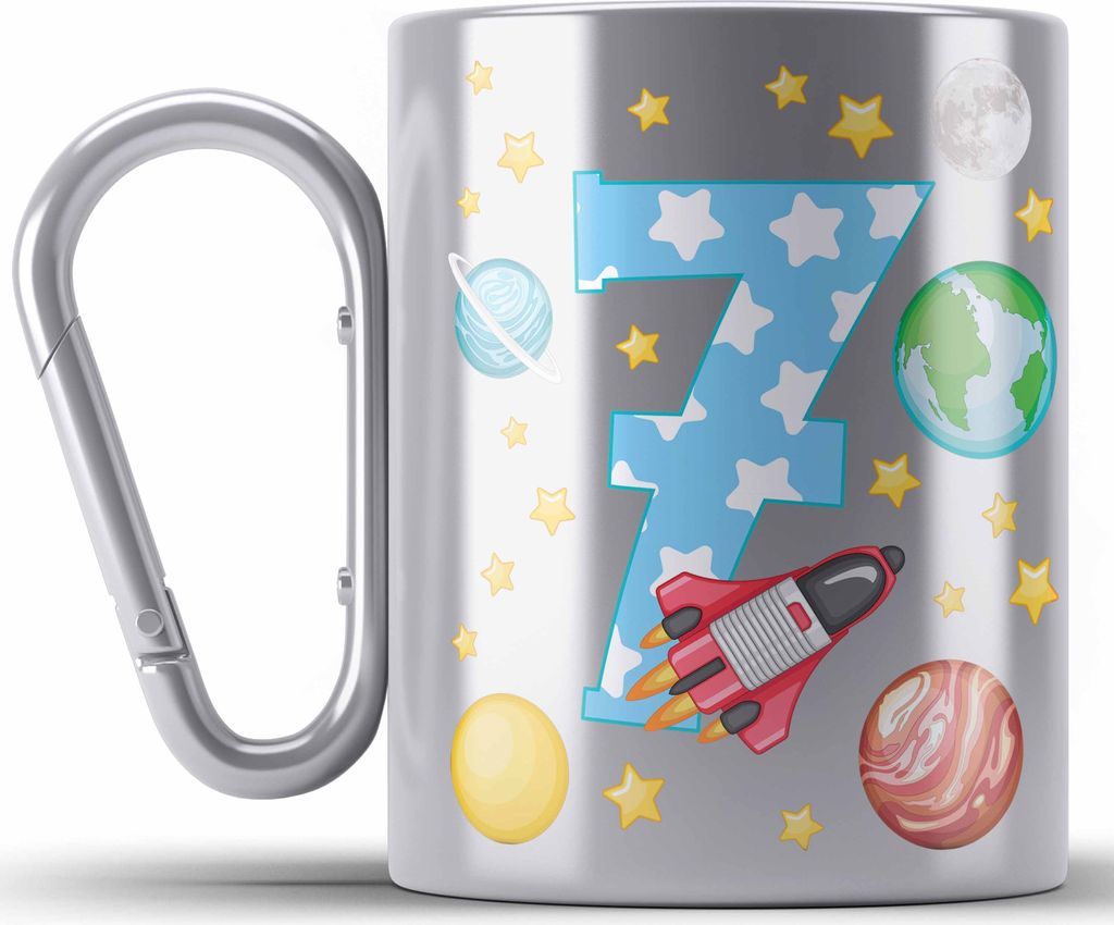 Trendation - 7. Geburtstag Edelstahl Tasse Karabiner Geschenk Becher Siebter Bday Geschenkidee 7 Jahre Alt Junge Mädchen KakaoEdelstahl Tasse Kara...