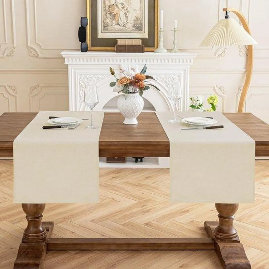 AooHome Chemin de Table Beige 40x140cm Lot de 2 Effet Lin Anti-Tache