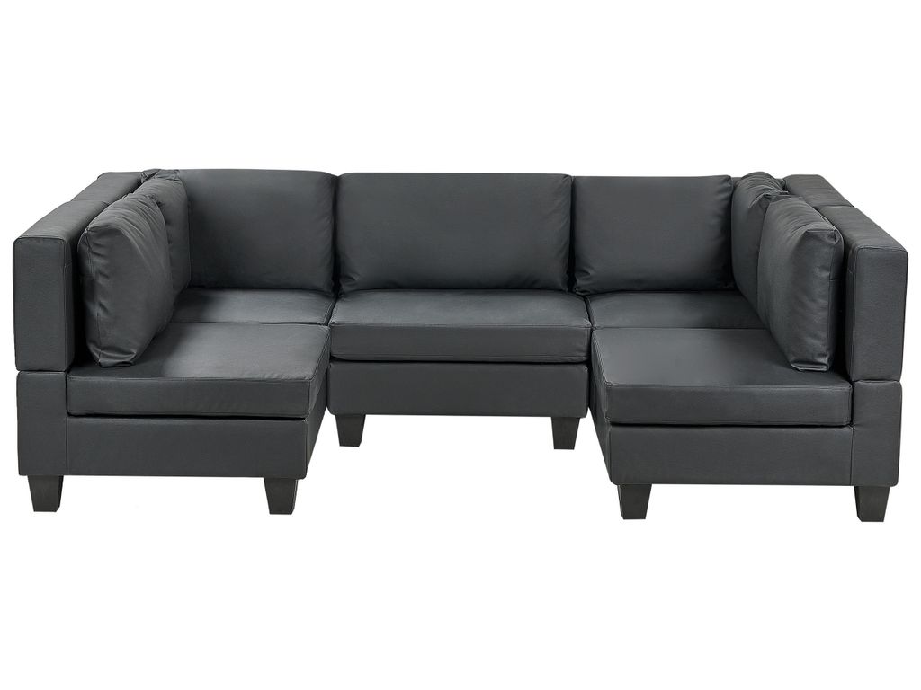 BELIANI 5-Sitzer Sofa Schwarz Kunstleder U-Förmig mit Kissen Schwarze Beine Modular Modern Modulsofa Wohnlandschaft Wohnzimmer Salon Wohnecke