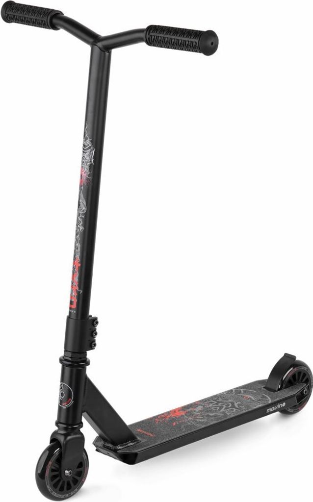 A black stunt scooter with red graphics is shown against a white background.