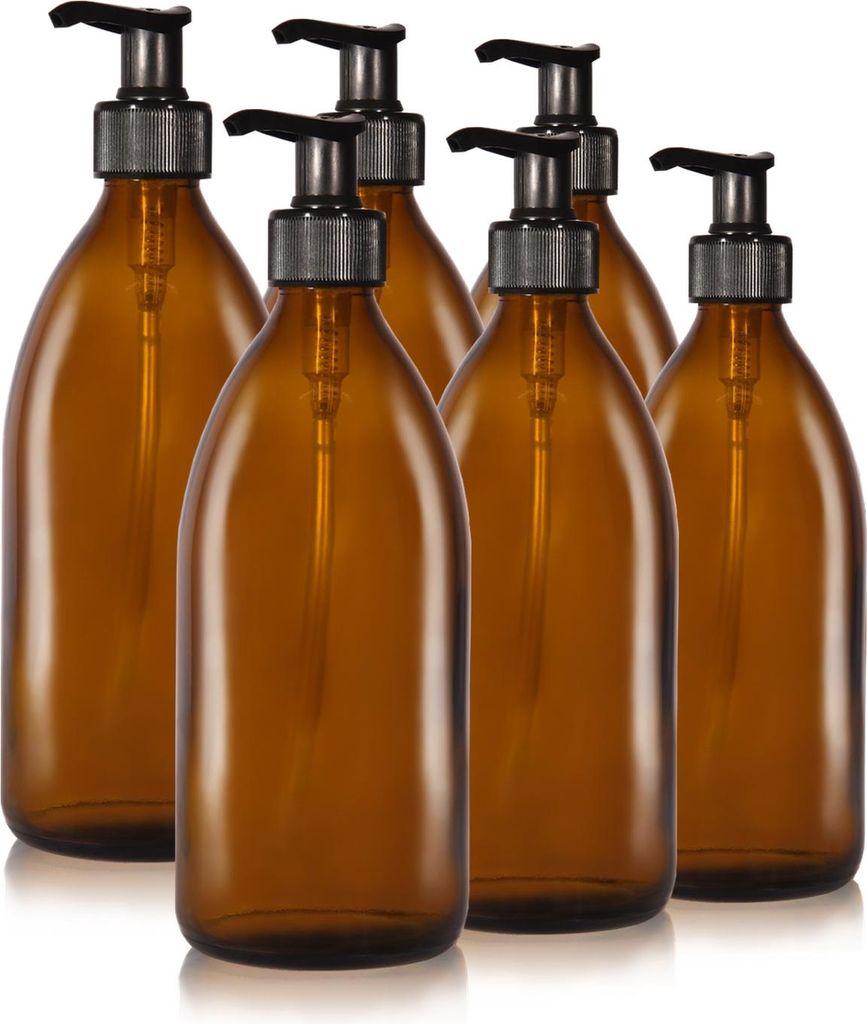 Oputec 6 x 500 ml Seifenspender aus Glas – Shampoo-Flaschen zum Befüllen Duschgel-Spender Pumpspender aus Braunglas – Küche und Badezimmer
