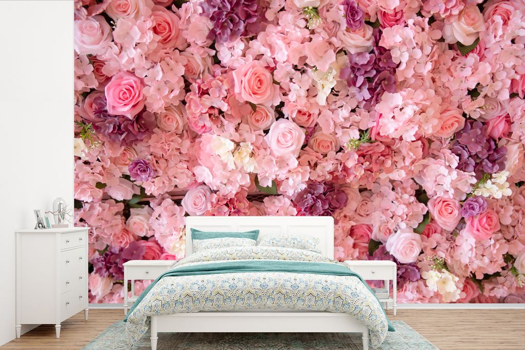 MuchoWow Fototapete für Wohnzimmer oder Schlafzimmer Wandtapete Vinyl Motivtapete Blumen - Rosa - Rosen - 420x280 cm - Zimmer für Kinder