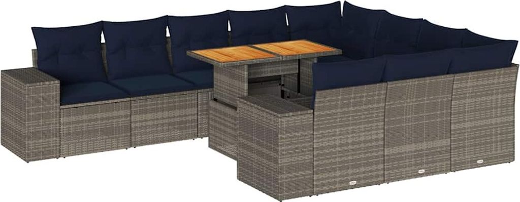 11-tlg. Garten-Sofagarnitur mit Kissen Grau Poly Rattan