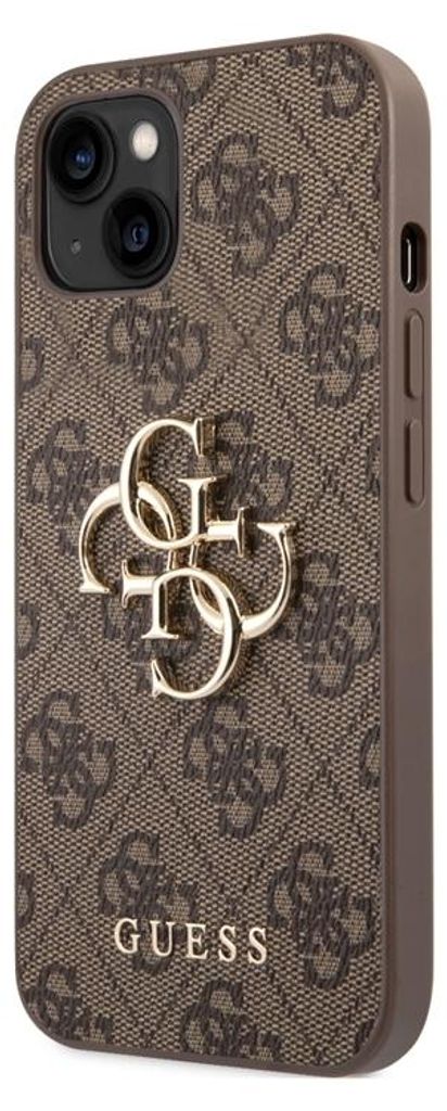 A close-up side view of a brown phone case with a repeating Guess logo pattern and a prominent gold Guess logo in the center.