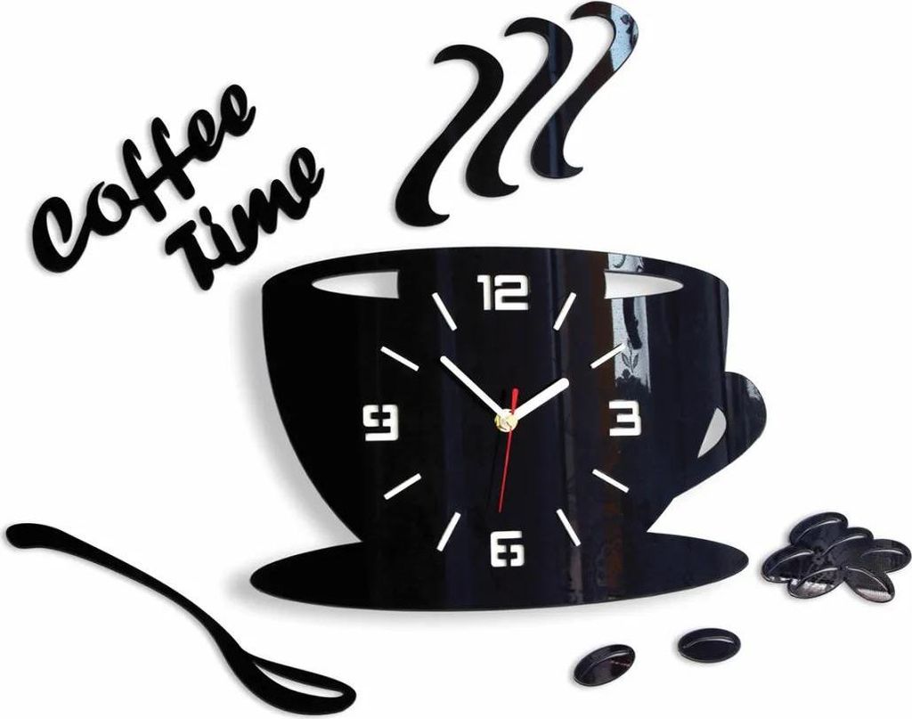 A black acrylic wall clock shaped like a coffee cup with steam, a spoon, and coffee beans.