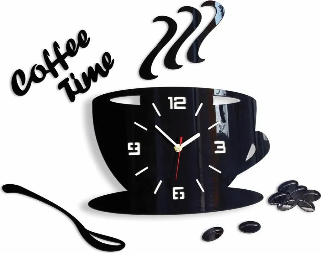 Décoration Murale Cuisine : Horloge 3D Noir Acrylique Coffee Time