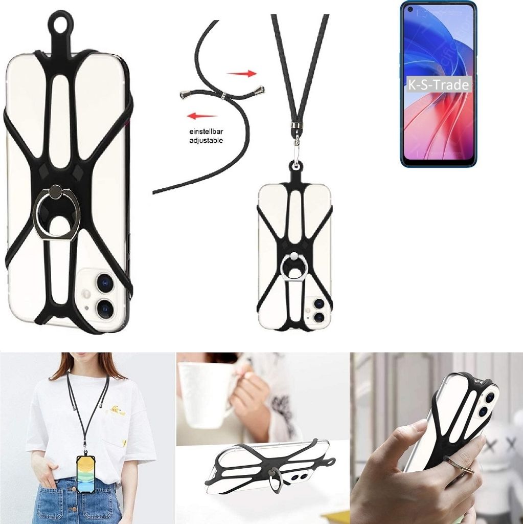 K-S-Trade 3in1 Handykette Handyband Handykordel Halsband Smartphone-Ring Handy-Ring kompatibel mit Oppo A55 4G Fingerhalterung Handyring Tischständer