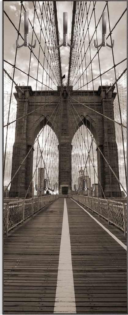 Wallario Flurgarderobe Wandgarderobe aus Holz, mit 5 Haken, Größe 50 x 125 cm, Motiv Brooklyn Bridge in New York