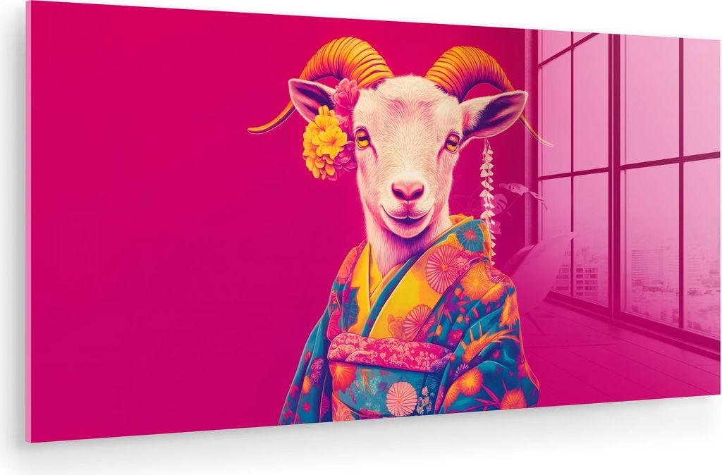 MuchoWow Glasbilder - Bilder auf Wandbild - Foto auf Glas Ziege - Hörner - Kimono - Farbenfroh 40x20 cm Wanddekoration aus Glas - Acrylglasbild - ...