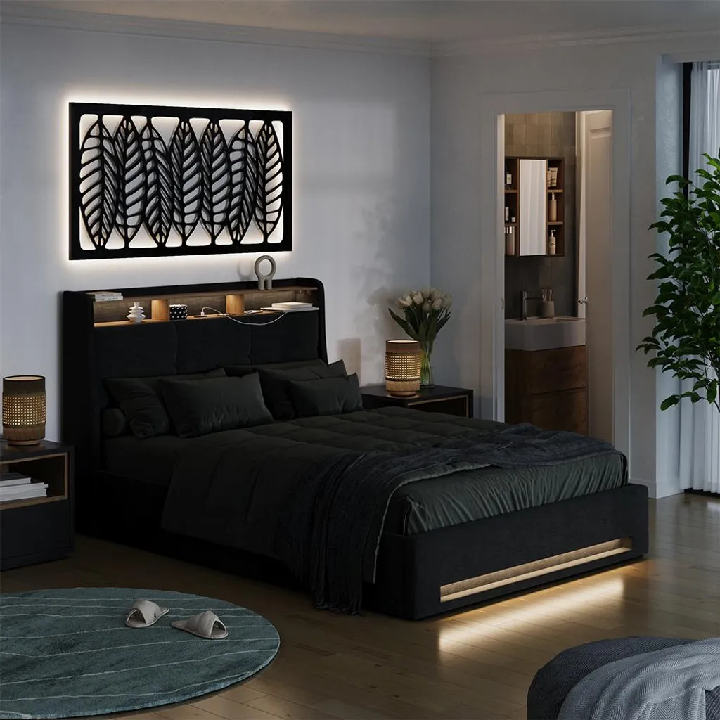 Lit rembourré Vitalispa Christin anthracite 140x200 matelas LED USB