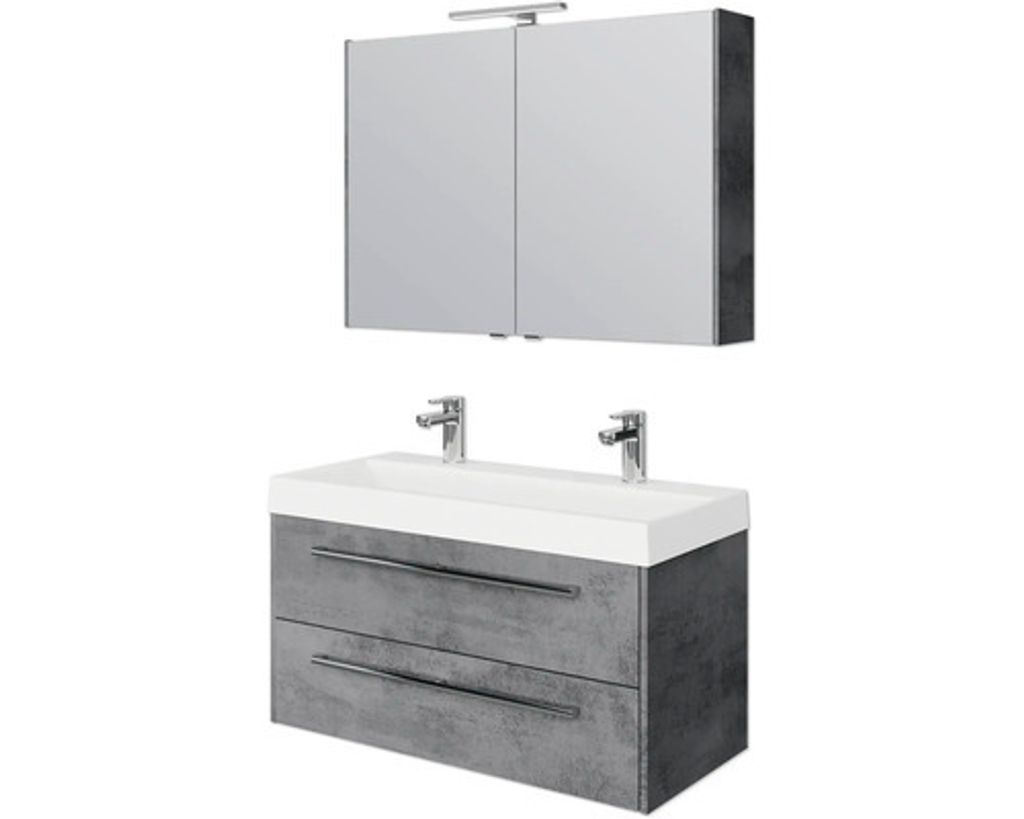 Badmöbel-Set Pelipal Milano BxHxT 100 x 200 x 45 cm Frontfarbe oxid dunkelgrau mit Mineralguss-Doppelwaschtisch weiß SET