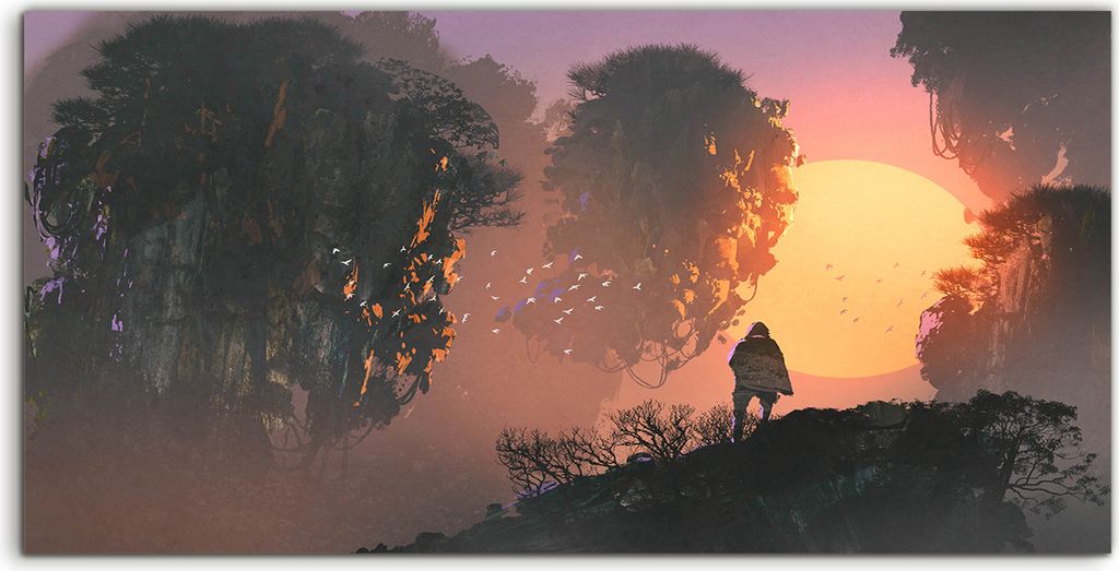 Coloray Spritzschutz aus Glas 140x70 Wandkunst Küchenrückwand Surreale Landschaft Mann Felsen Berges