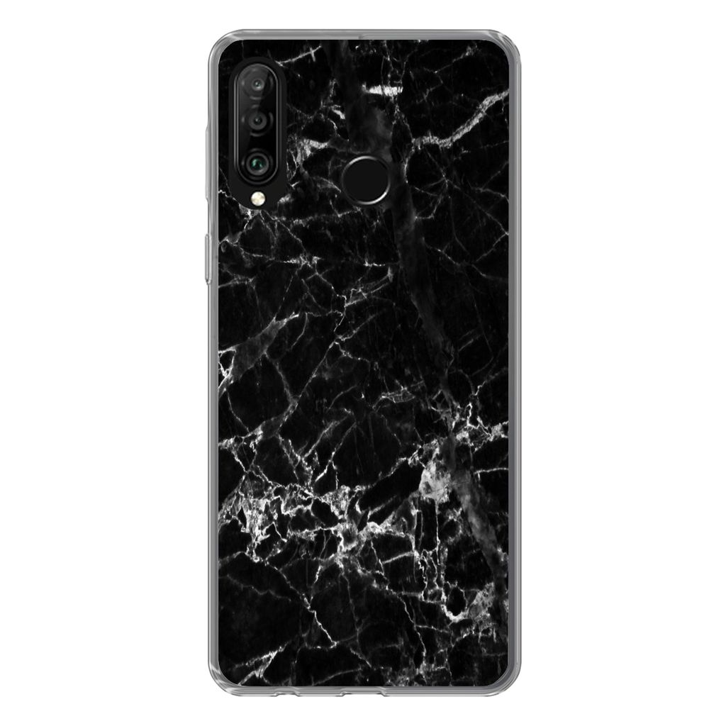 MuchoWow Handyhülle Schutzhülle Hülle für Huawei P30 Lite Marmor - Stein - Schwarz Silikon Softcase Handy Hülle - Handyhülle
