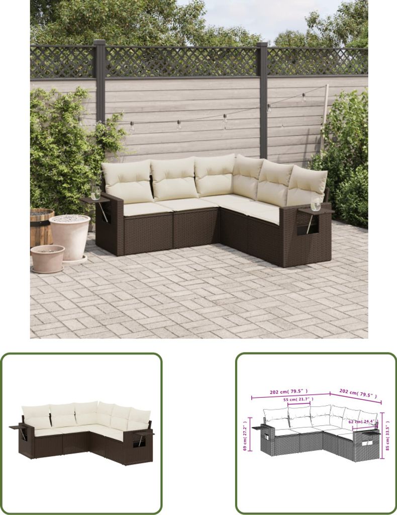 The Living Store 5-tlg. Garten-Sofagarnitur mit Kissen Braun Poly Rattan