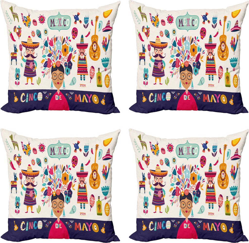 ABAKUHAUS Cinco de Mayo Kissenbezug Set (4 Stück), Mexikanische Kultur Kunst, Moderner Doppelseitiger Digitaldruck, 60 cm x 60 cm, Mehrfarbig