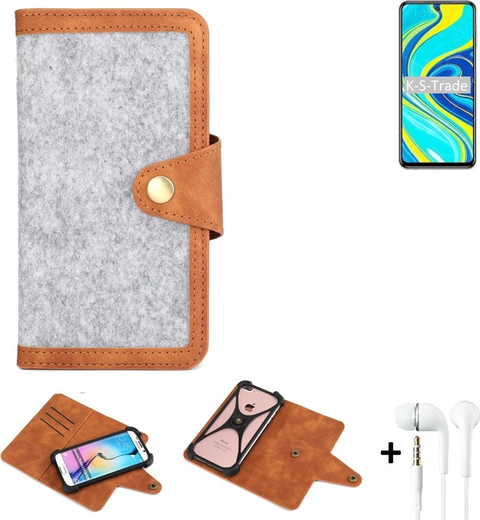 K-S-Trade Handyhülle + Kopfhörer kompatibel mit Xiaomi Redmi Note 9 Pro Schutzhülle Filz Hülle Kunstleder hellgrau braun (1x)