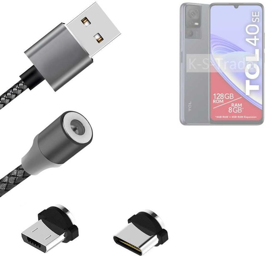 K-S-Trade Hochwertiges Magnet-Lade-kabel Sync-Kabel Daten-Kabel für TCL 40 SE mit USB-Typ-C-Anschluss und Micro-USB-Anschluss 2A bis zu 480mbps