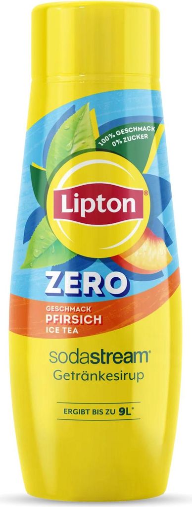 A product shot of a bottle of Sodastream Lipton Peach Zero syrup.