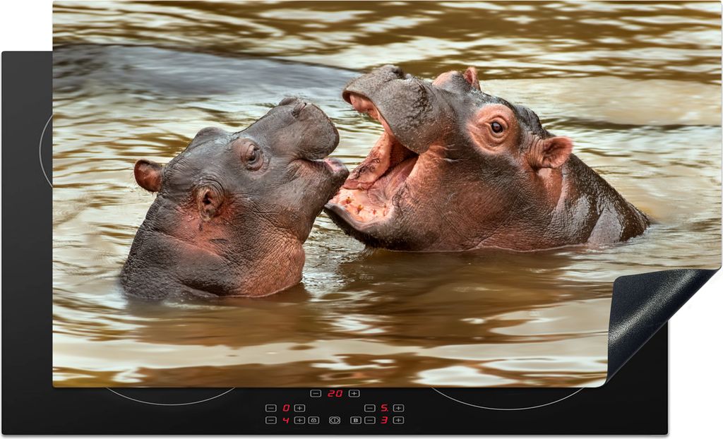 KitchenYeah Herdabdeckplatte Nilpferd - Tiere - Wasser , 91x52cm, Küche Deko, Glaskeramikkochfeld Herdabdeckung, Abdeckplatte fùr Kochfeld
