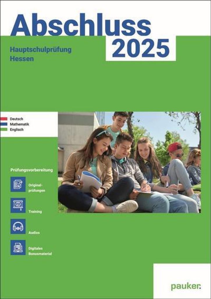 Cover of a study book for the Hauptschulprüfung Hessen in 2025, showing students studying.