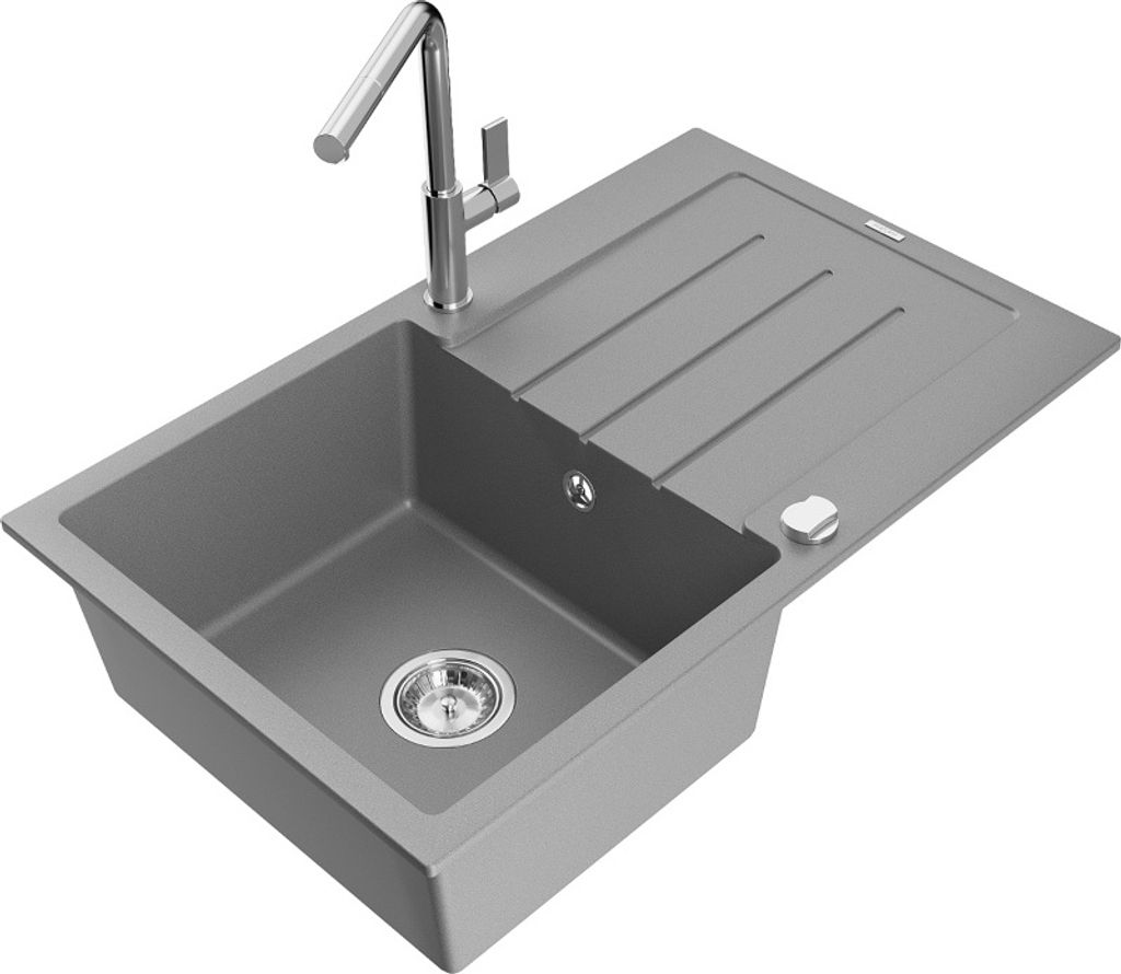 Mexen Bruno 1 Becken-Granitspüle mit Abtropffläche und Mischbatterie Flora, Grau - 6513-71-670401-00