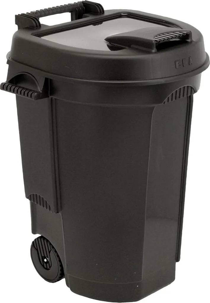 Conteneur à déchets 110L noir avec couvercle et roues de transport