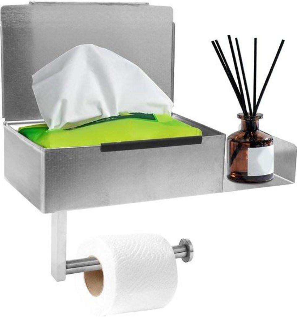 Toiletrolhalter aus Edelstahl, mit Ablage für feuchte Tücher, für Toilette, Bad, Küche (Silber)