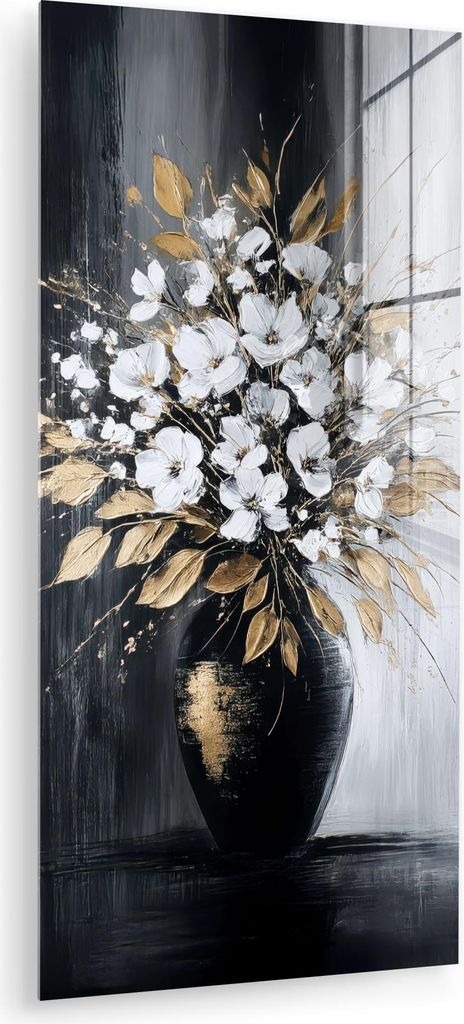 MuchoWow Glasbilder - Bilder auf Wandbild - Foto auf Glas Blumen - Weiß - Vase - Abstrakt 40x80 cm Wanddekoration aus Glas - Acrylglasbild - Acryl...