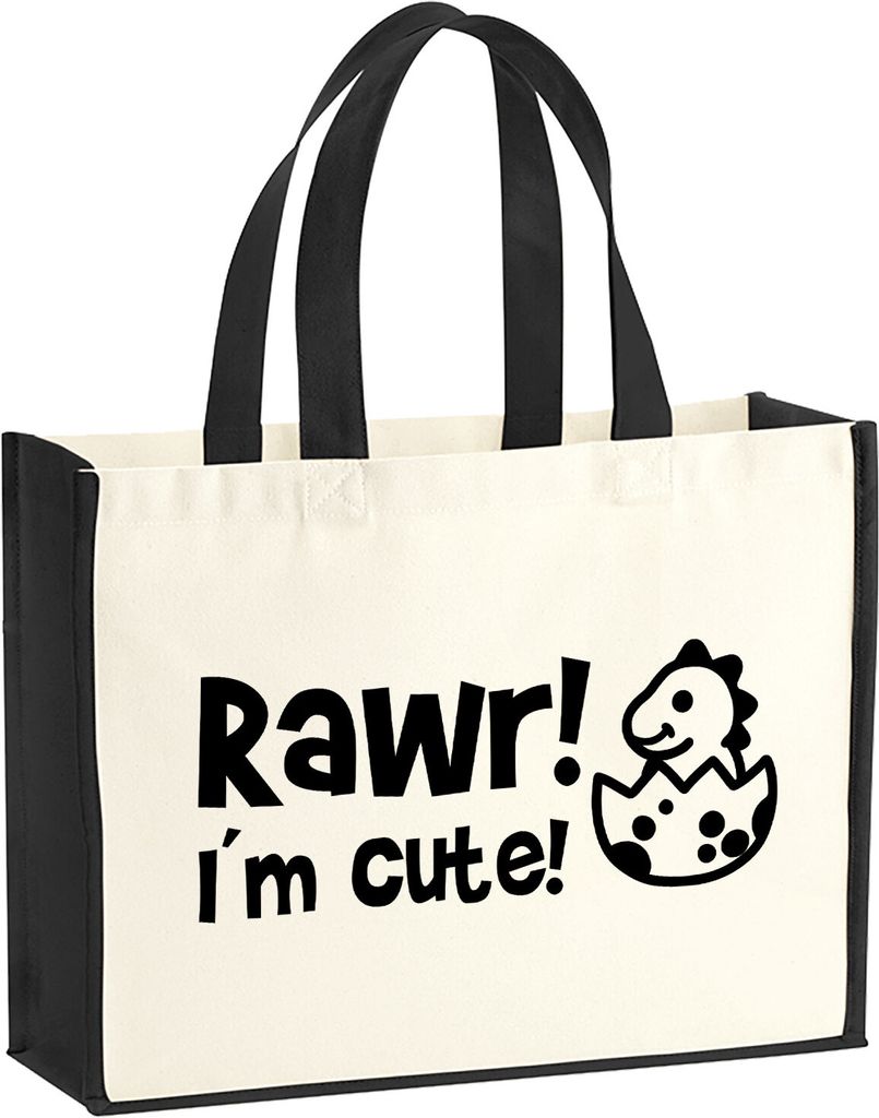 Huuraa Jutetasche Baby Dino I`m cute 21 Liter Black Jute und Baumwolle Einkaufstasche Geschenkidee