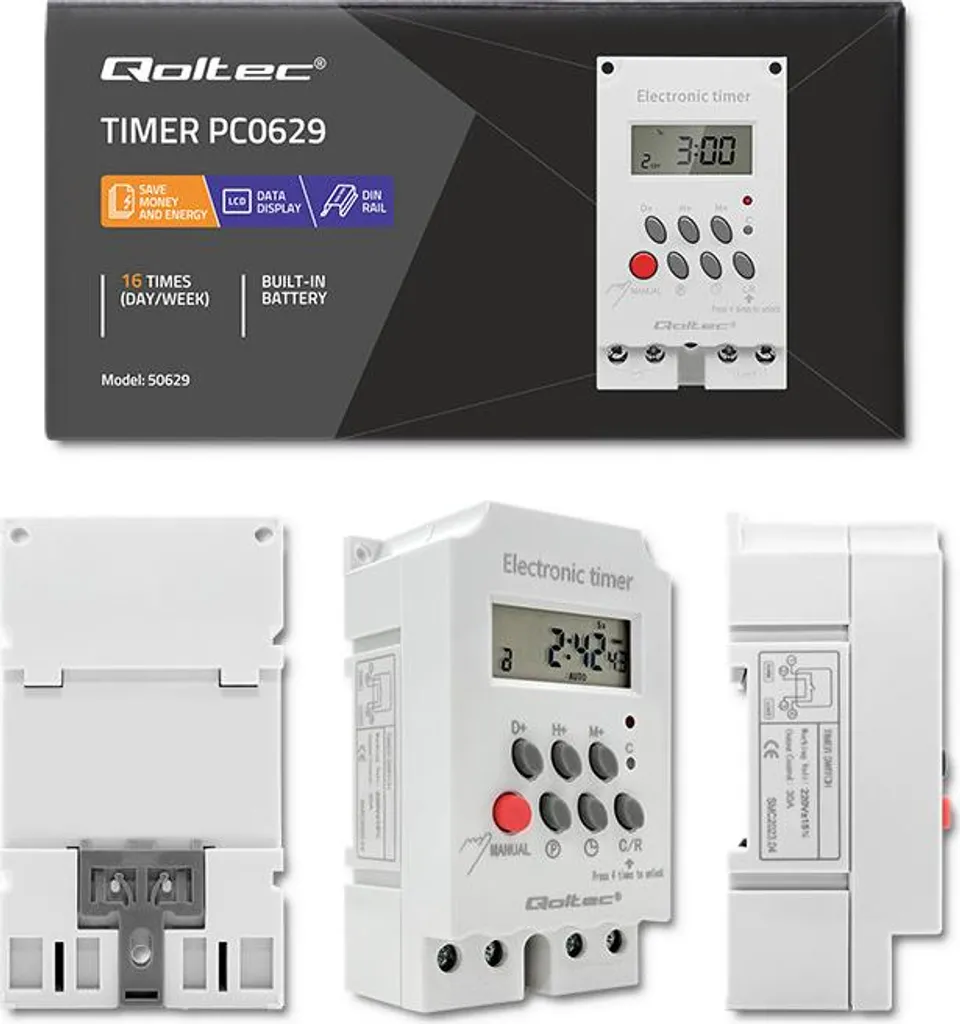 Programmatore Orario Digitale Qoltec 50629 per Guida DIN - LCD 230V - 10