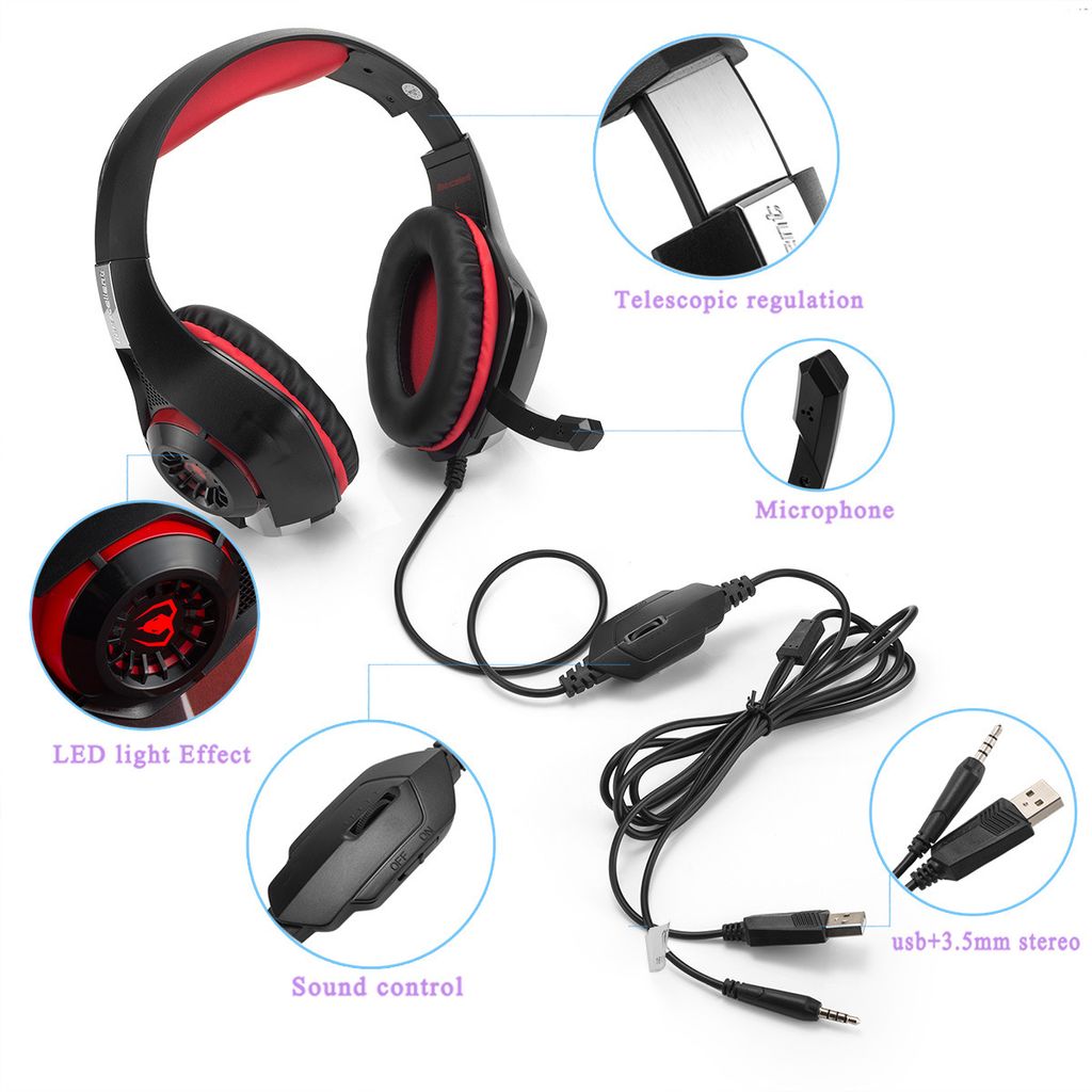 Stereo-Gaming-Headset für PlayStation 4 PS4, Over-Ear-Kopfhörer mit Mikrofon und LED-Leuchten für Xbox One, PC, Laptop (Blau)