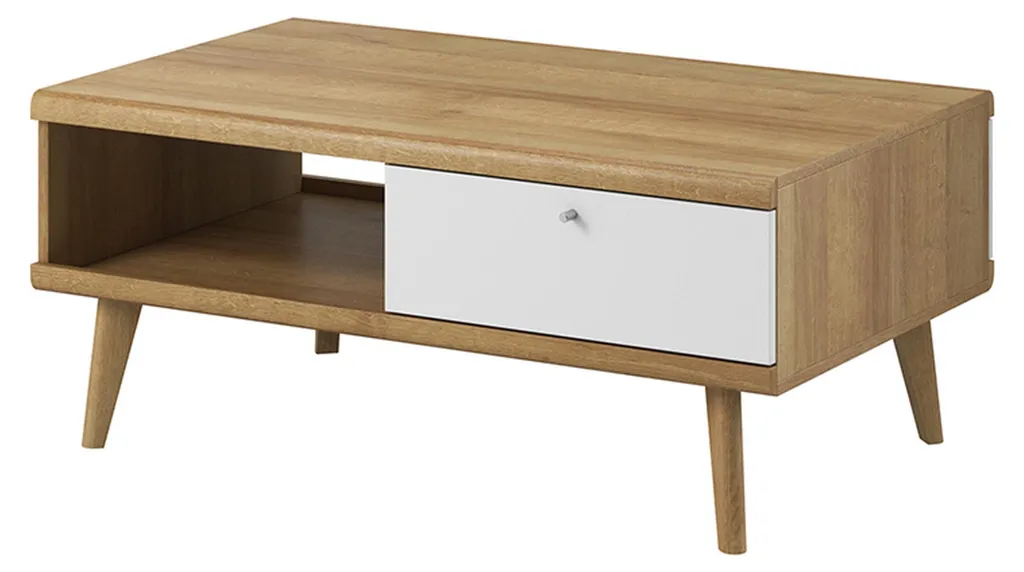 Table basse bois massif salon style contemporain avec plateau large