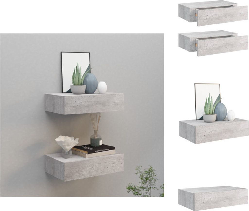 vidaXL Wandregale mit Schubladen 2 Stk. Betongrau 40x23,5x10 cm MDF - Wandregale