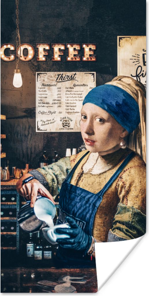 MuchoWow Poster Mädchen mit Perlenohrring - Cappuccino - Barista - Vermeer - Kaffee - Gemälde 75x150 cm - Dekoration für die Wände