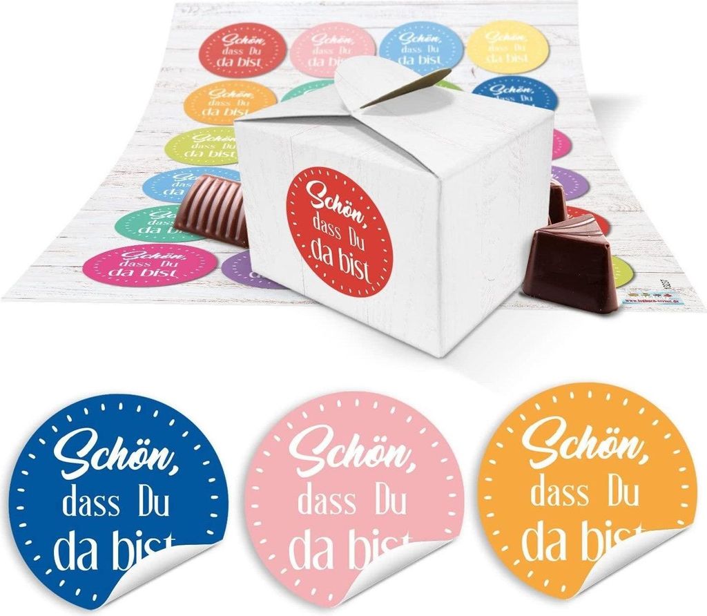 48 kleine weiße Geschenkboxen 8 x 6,5 x 5,5 + 24 runde Aufkleber SCHÖN DASS DU DA BIST bunt blau rot grün gelb türkis orange - Kleine Geschenke...