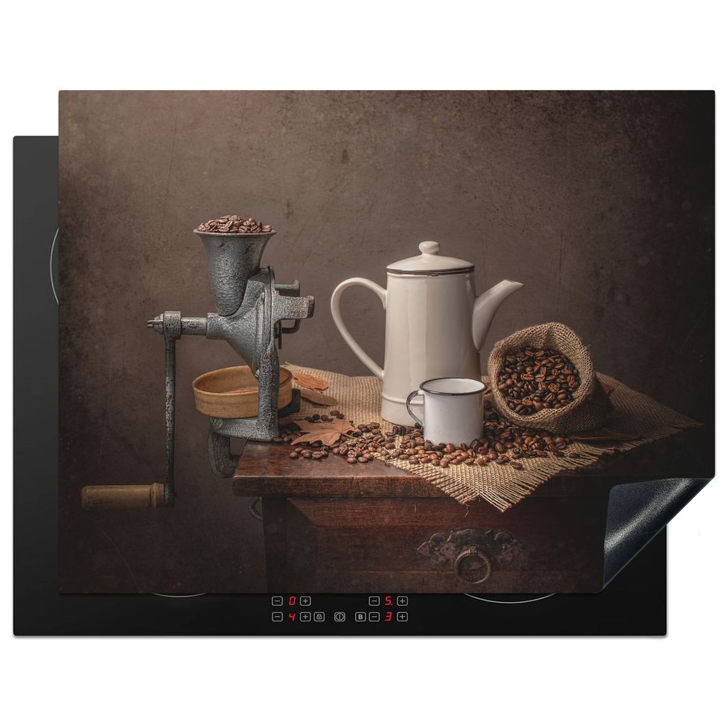 KitchenYeah Herdabdeckplatte Viele Kaffeebohnen mit Rotationsmaschine , 77x59cm, Küche Deko, Glaskeramikkochfeld Herdabdeckung, Abdeckplatte fù...