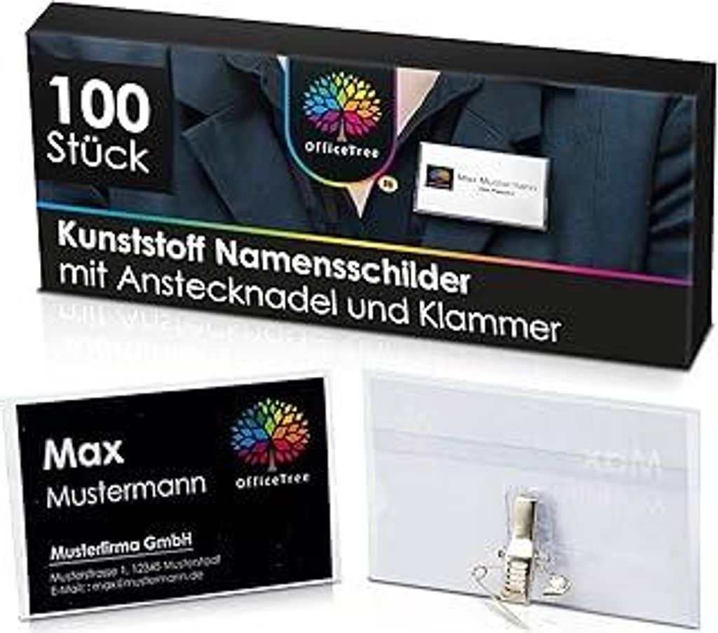 OfficeTree 100 x Namensschilder für Kleidung Clip und Anstecknadel integriert - Kunststoff Namensschild für Visitenkarten - Namenschilderhülle -...