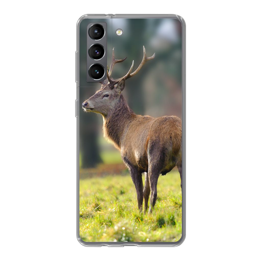 MuchoWow Handyhülle Schutzhülle Hülle für Samsung Galaxy S21 Rothirsch - Wiese - Grün Silikon Softcase Handy Hülle - Softcase