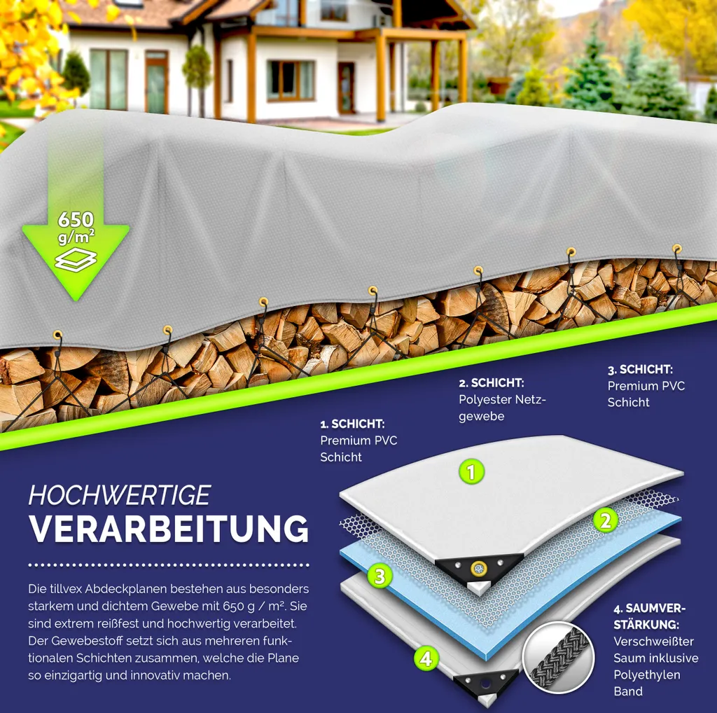 tillvex® telone grigio 4x6 m con occhielli + 10 ganci e 15 m di corda | telone in tessuto 650g/m² impermeabile e antistrappo | telone premium in PVC universale per camion, piscina, mobili da giardino in legno | telone per giardino - 3