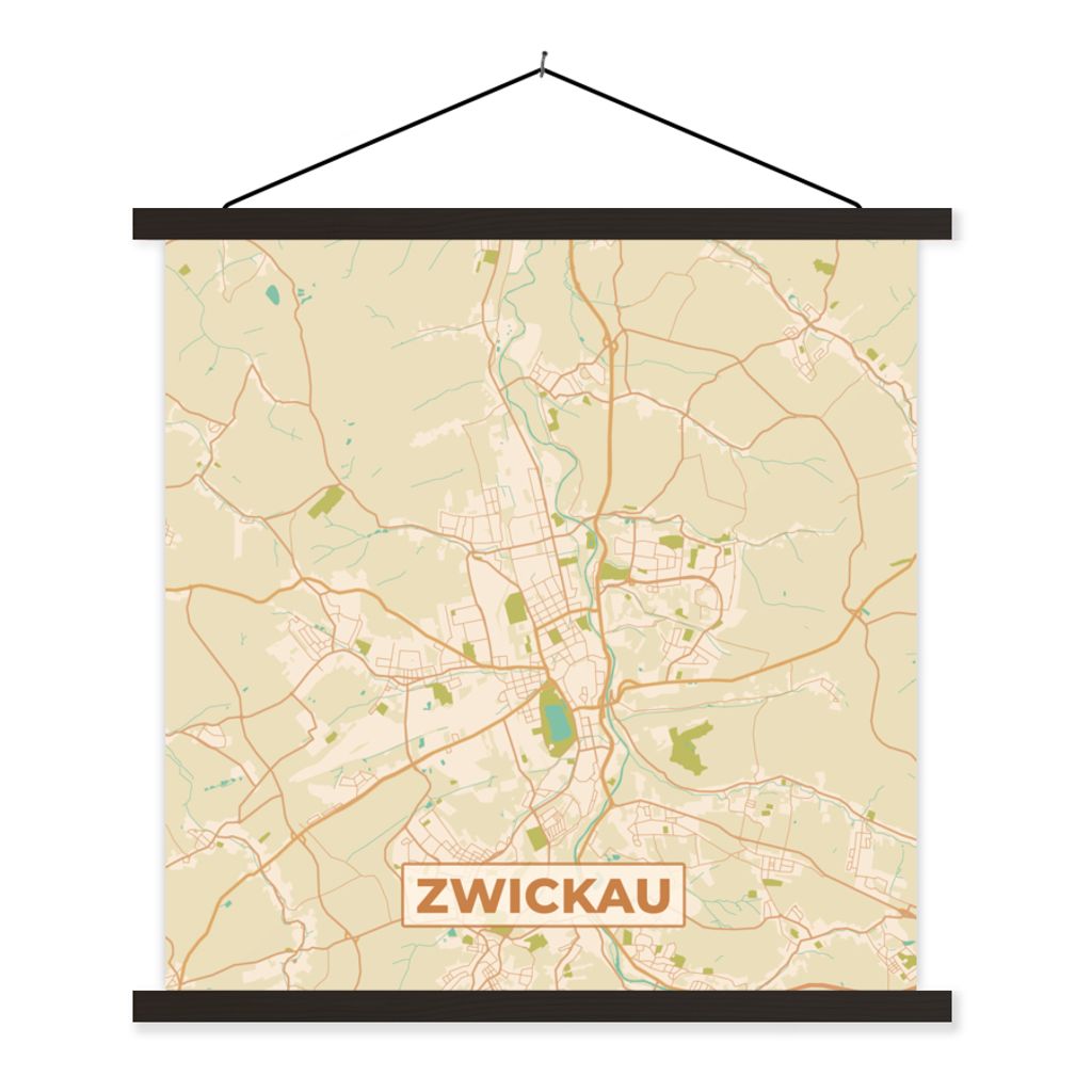 MuchoWow Textilposter Zwickau - Karte - Vintage - Stadtplan 120x120 cm mit schwarzem Rahmen - Aufhängungsset