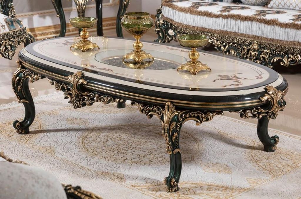 Casa Padrino Luxus Barock Couchtisch Beige / Weiß / Grün / Gold - Prunkvoller Massivholz Wohnzimmertisch mit Glasplatte - Barock Wohnzimmer Möbe...