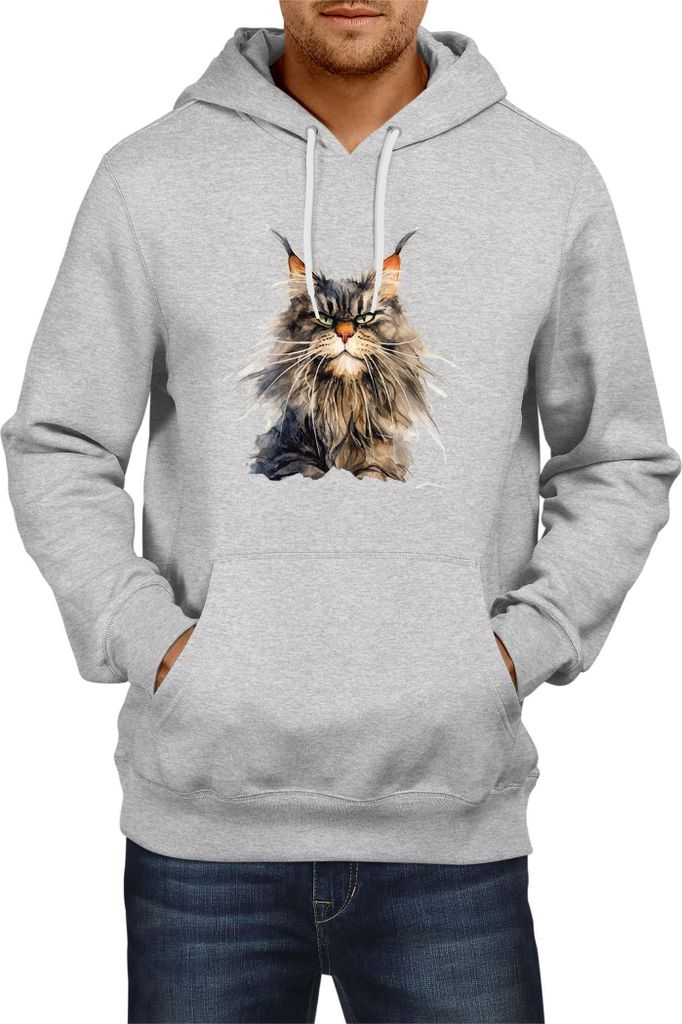 Herren Kapuzenpullover Funny Cats Breeds Maine Coon Cat 023, Man XL / Grau
