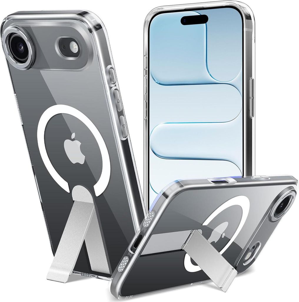Multiple views of a clear iPhone case with a built-in kickstand and MagSafe compatibility.